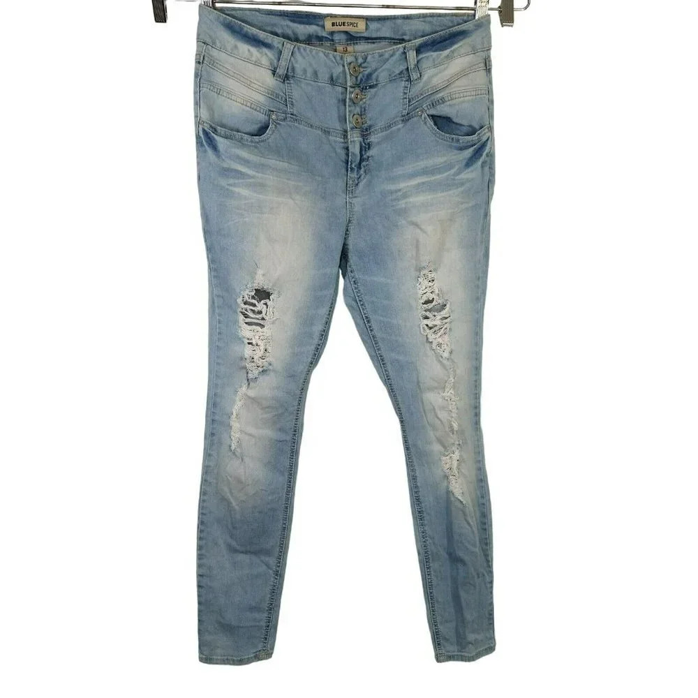 Blue Spice Ripped Skinny Jeans Juniors Size 13 Light Wash Blue High Rise